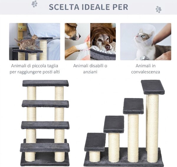 AllMyPets Scaletta per Cani e Gatti a 4 Gradini con Rivestimento in Peluche e Pali Graffiatoio in Sisal colore Grigio