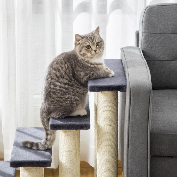 AllMyPets Scaletta per Cani e Gatti a 4 Gradini con Rivestimento in Peluche e Pali Graffiatoio in Sisal colore Grigio