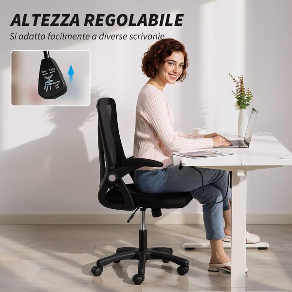 Icon Space Sedia da Ufficio Ergonomica Girevole con Braccioli Ribaltabili Altezza Regolabile in Rete Traspirante colore Nero