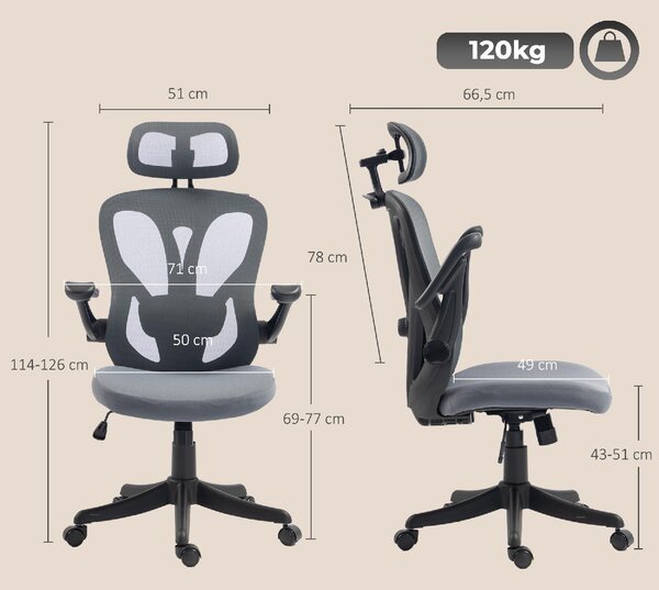Icon Space Sedia da Ufficio Ergonomica con Braccioli Ribaltabili e Poggiatesta in Rete colore Grigio Scuro