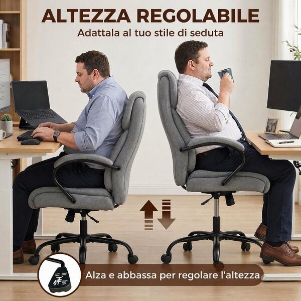 Icon Space Sedia da Ufficio Ergonomica Girevole Portata 220kg Altezza Regolabile in Tessuto Effetto Lino colore Grigio Chiaro