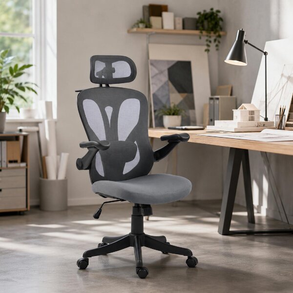Icon Space Sedia da Ufficio Ergonomica con Braccioli Ribaltabili e Poggiatesta in Rete colore Grigio Scuro