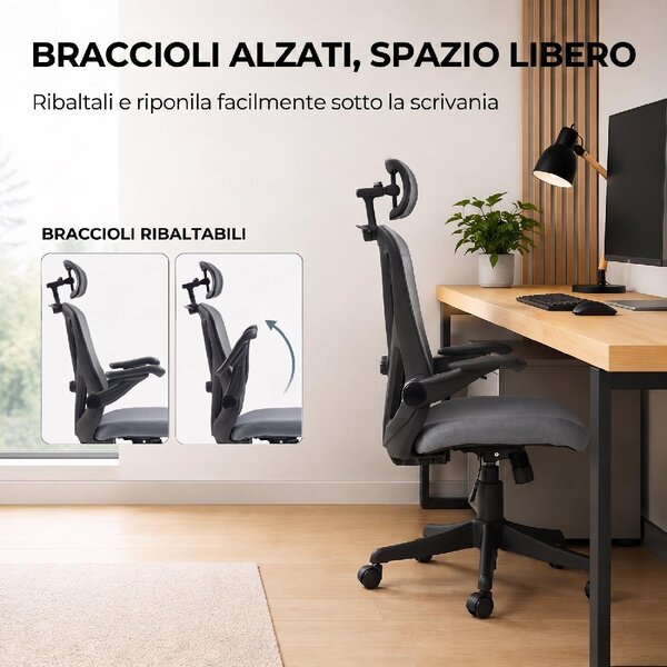 Icon Space Sedia da Ufficio Ergonomica con Braccioli Ribaltabili e Poggiatesta in Rete colore Grigio Scuro