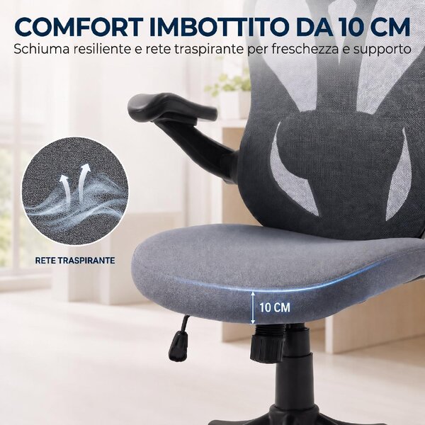 Icon Space Sedia da Ufficio Ergonomica con Braccioli Ribaltabili e Poggiatesta in Rete colore Grigio Scuro