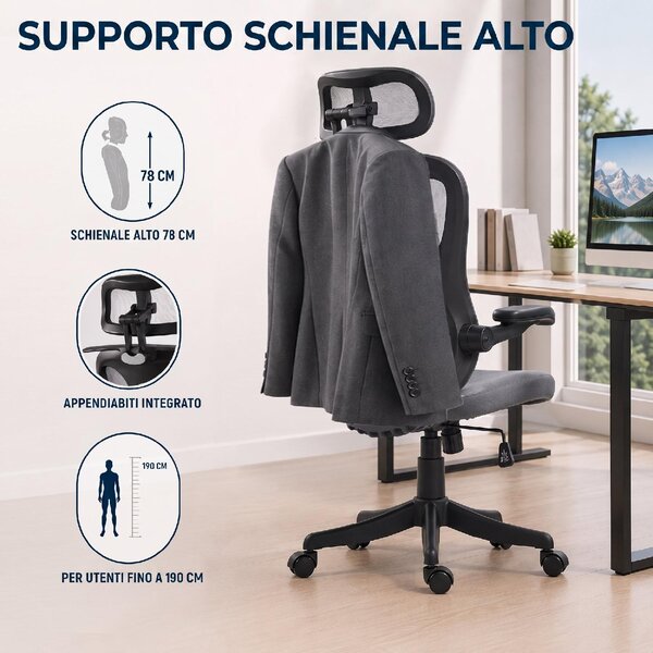 Icon Space Sedia da Ufficio Ergonomica con Braccioli Ribaltabili e Poggiatesta in Rete colore Grigio Scuro