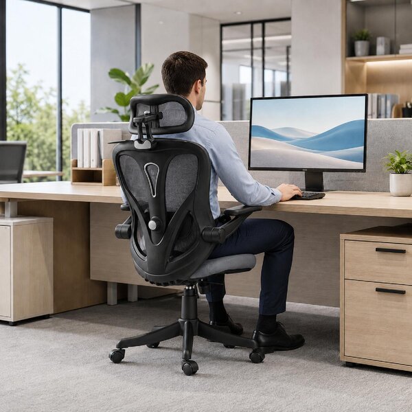 Icon Space Sedia da Ufficio Ergonomica con Braccioli Ribaltabili e Poggiatesta in Rete colore Grigio Scuro