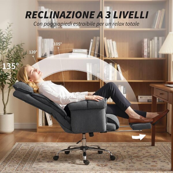 Icon Space Sedia da Ufficio Ergonomica Girevole Reclinabile con Doppia Imbottitura e Poggiapiedi in Flanella colore Grigio Scuro