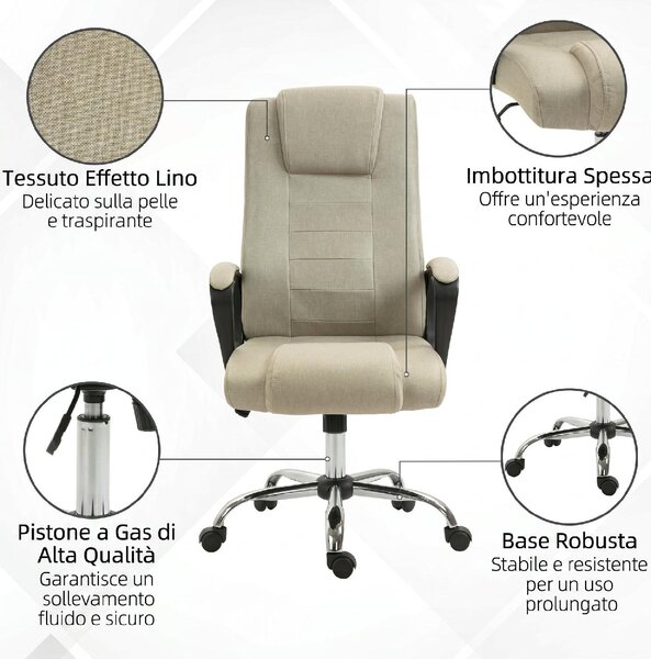 Icon Space Sedia da Ufficio Ergonomica Inclinabile Girevole con Poggiatesta in Tessuto Effetto Lino colore Beige