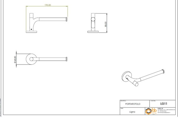 Portarotolo di carta igienica LIGNO in acciaio inox lucido 19x9xh5 cm fissaggio a muro con viti e stop, verniciato bronzo opaco Made In italy