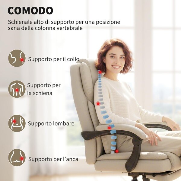 Icon Space Sedia da Ufficio Ergonomica Reclinabile con Poggiapiedi e Rotelle in Ecopelle 65x67x111-119 cm colore Beige