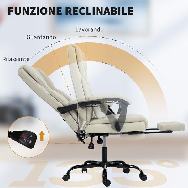 Icon Space Sedia da Ufficio Ergonomica Reclinabile con Poggiapiedi e Rotelle in Ecopelle 65x67x111-119 cm colore Beige