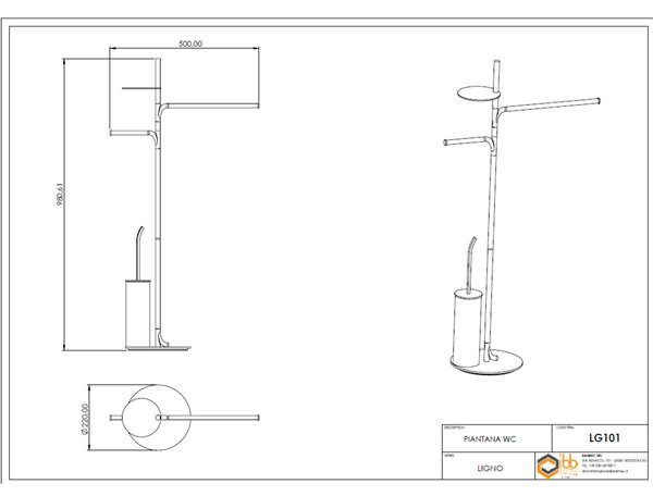 Piantana WC Bidet con Porta carta e porta scopino in ACCIAIO AISI 430 Linea LIGNO Moderno dimensioni 22x40x97 cm - inox verniciato Bronzo Opaco
