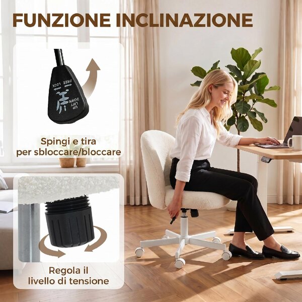 Icon Space Sedia da Ufficio Girevole con Altezza Regolabile e Funzione Dondolo in Tessuto Sherpa colore Crema