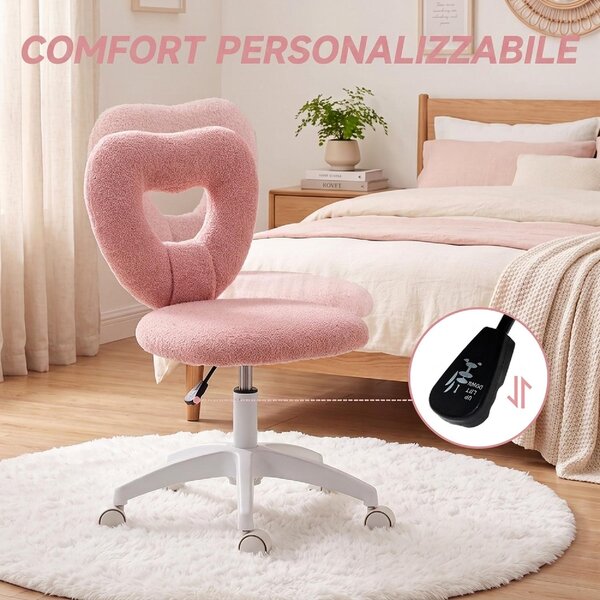 Icon Space Sedia da Ufficio Imbottita con Schienale a Cuore e Rotelle in Velluto Teddy 45x56x78-88 cm colore Rosa