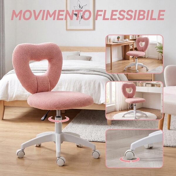 Icon Space Sedia da Ufficio Imbottita con Schienale a Cuore e Rotelle in Velluto Teddy 45x56x78-88 cm colore Rosa