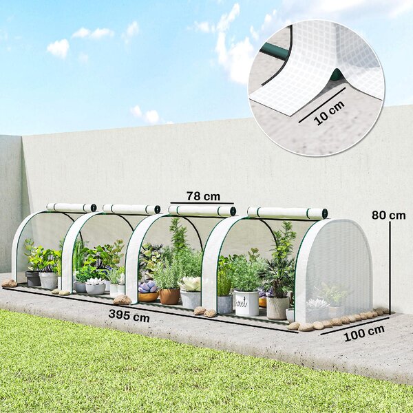 VivaGarden Serra da Giardino a Tunnel in Acciaio e Plastica Impermeabile Anti UV con 4 Porte 395x100x80 cm colore Bianco