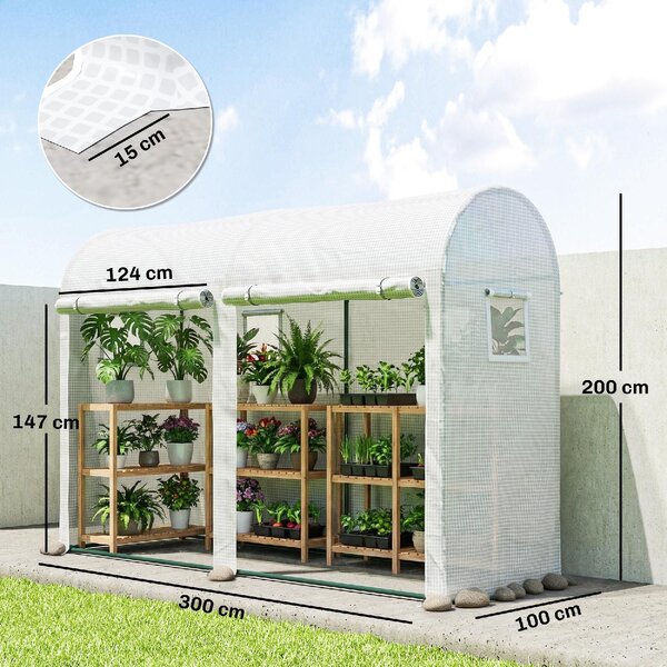 VivaGarden Serra da Giardino a Tunnel per Piante e Orto Serra da Balcone con 2 Porte Avvolgibili e 4 Finestre 3x1x2m colore Bianco