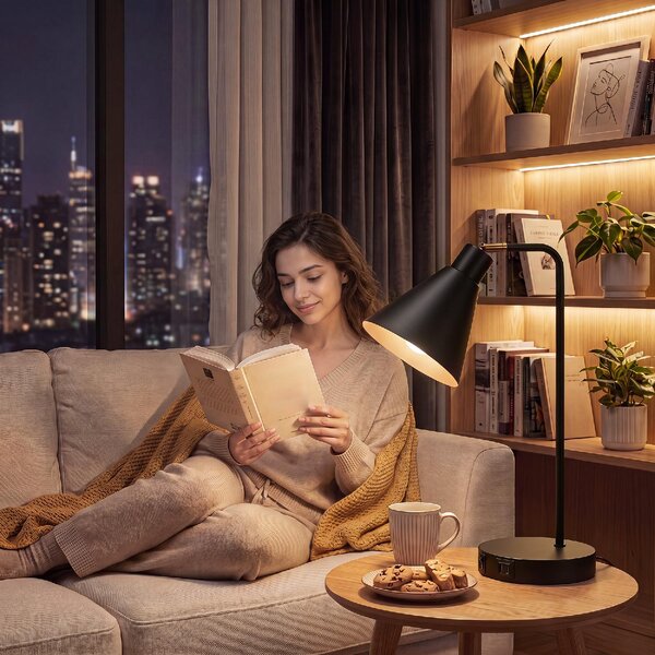 DecHome Set 2 Lampade da Tavolo Moderne in Acciaio con Porte USB Attacco E27 colore Nero