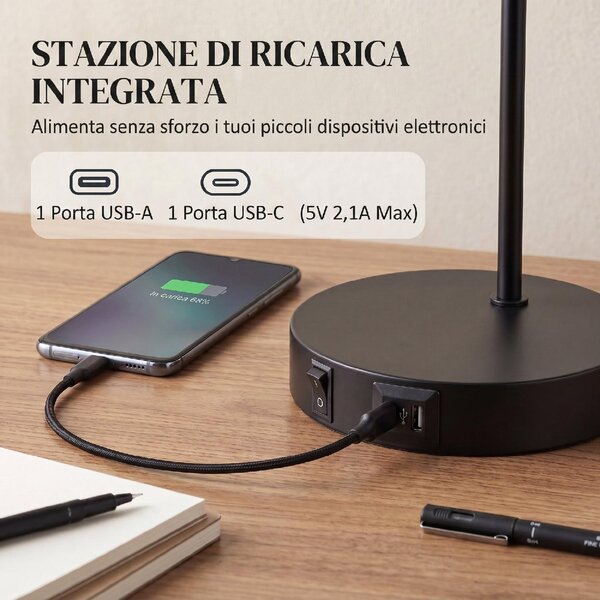 DecHome Set 2 Lampade da Tavolo Moderne in Acciaio con Porte USB Attacco E27 colore Nero