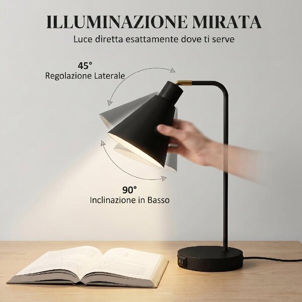 DecHome Set 2 Lampade da Tavolo Moderne in Acciaio con Porte USB Attacco E27 colore Nero