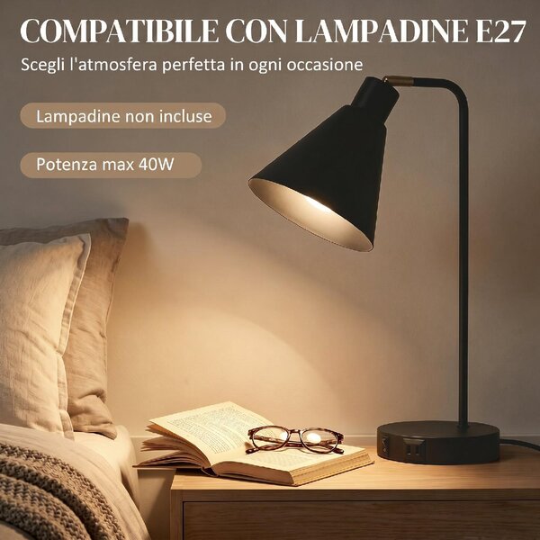 DecHome Set 2 Lampade da Tavolo Moderne in Acciaio con Porte USB Attacco E27 colore Nero