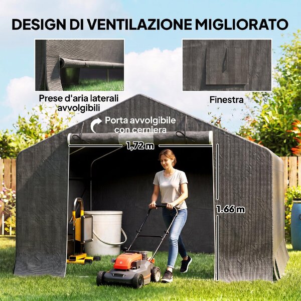 VivaGarden Gazebo da Giardino Tenda Garage Moto Bici 3x3 m Impermeabile in PE e Metallo con Porta Avvolgibile colore Grigio Scuro