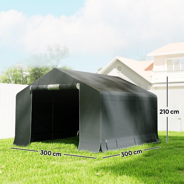 VivaGarden Gazebo da Giardino Tenda Garage Moto Bici 3x3 m Impermeabile in PE e Metallo con Porta Avvolgibile colore Grigio Scuro