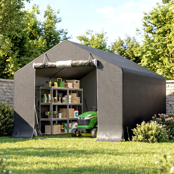 VivaGarden Gazebo da Giardino Tenda Garage Moto Bici 3x3 m Impermeabile in PE e Metallo con Porta Avvolgibile colore Grigio Scuro