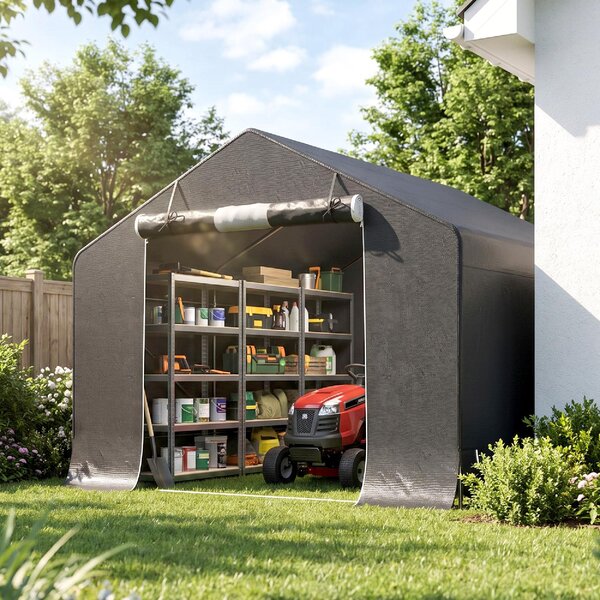 VivaGarden Gazebo da Giardino Tenda Garage Moto Bici 3x3 m Impermeabile in PE e Metallo con Porta Avvolgibile colore Grigio Scuro