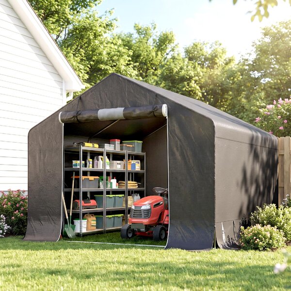 VivaGarden Gazebo da Giardino Tenda Garage Moto Bici 3x3 m Impermeabile in PE e Metallo con Porta Avvolgibile colore Grigio Scuro