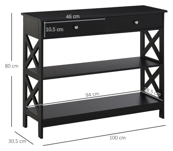 HOMCOM Tavolo Consolle con 2 Cassetti e 2 Mensole, Mobile da Ingresso e Soggiorno in MDF, 100x30.5x80cm, Nero
