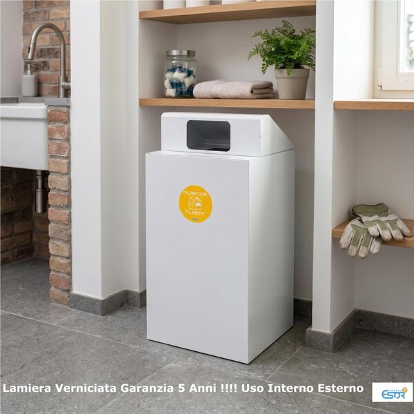 Pattumiera, Mobiletto per raccolta differenziata in acciaio 1 scomparti da 100L Dimensioni 48x48xh 96 cm 1 scomparti da 100 litri totali, 4 Etichette colore Bianco