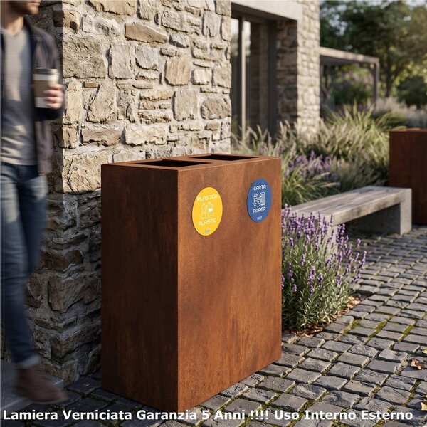Pattumiera, Mobiletto per raccolta differenziata in acciaio 2 scomparti da 120L Dimensioni 30x60xh 80 cm 2 scomparti da 120 litri totali, 4 Etichette colore Corten
