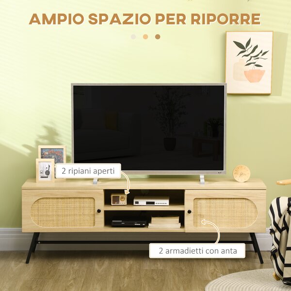 HOMCOM Mobile Porta TV fino 60" in Legno e Rattan Stile Boho con 2 Armadietti, 50x39x48.3cm, Naturale|Aosom