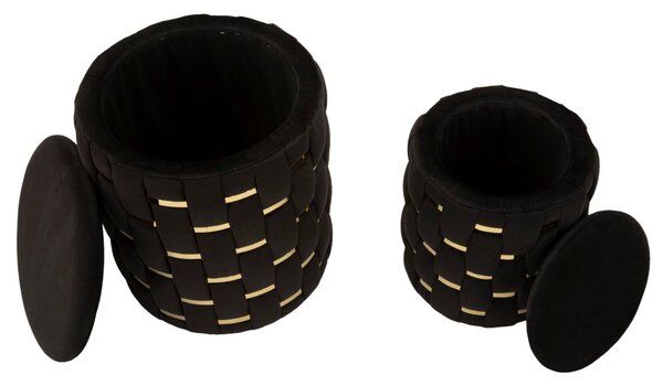 Puff rotondo SET 2 PEZZI Contenitore Shanty Oro in MDF e tessuto imbottito dimensioni � 27,5X36-18,5X27 cm peso 5 kg, rivestimento in tessuto imbottito nero -oro