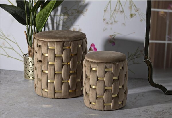 Puff rotondo SET 2 PEZZI Contenitore Shanty Oro in MDF e tessuto imbottito dimensioni � 27,5X36-18,5X27 cm peso 5 kg, rivestimento in tessuto imbottito crema