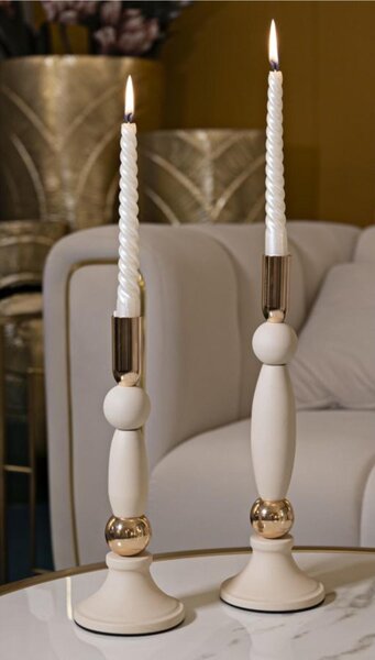 Porta Candele set due pezzi stile scultoreo GLAZED CREAM CM � 10x h 25-10x h30 sfere e dischi colore crema e Oro