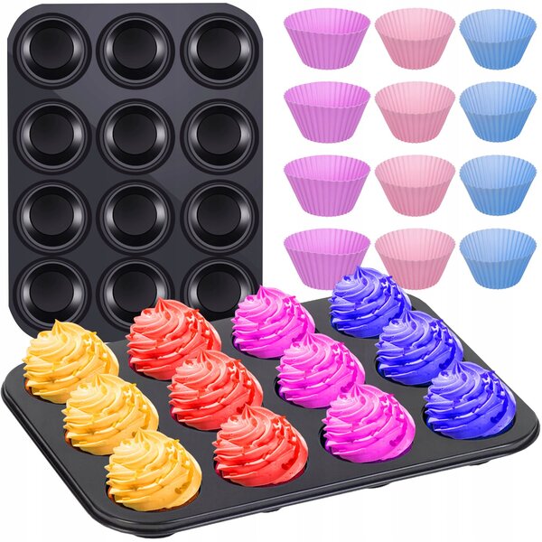 Teglia in teflon + 12 stampi in silicone per cuocere i muffin