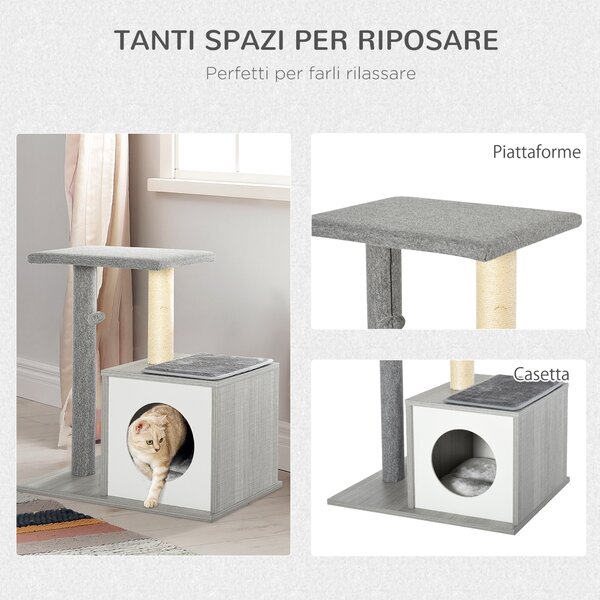 Pawhut Albero Tiragraffi per Gatti con Cuccia, Colonna in Corda Sisal e Palla Sospesa Grigio|Aosom
