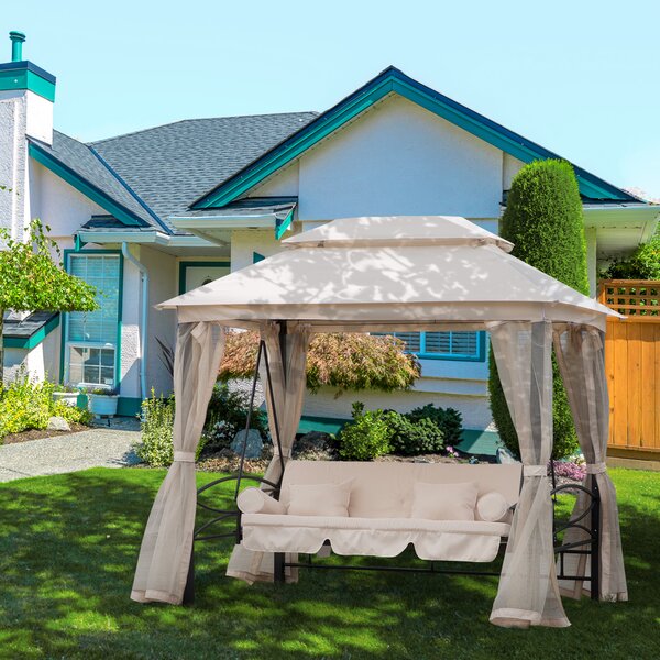 Outsunny Dondolo 3 Posti e Lettino Singolo Copertura a Gazebo con Zanzariera e Cuscini 256x172x248cm Crema|Aosom