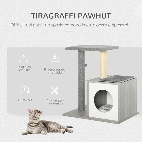 Pawhut Albero Tiragraffi per Gatti con Cuccia, Colonna in Corda Sisal e Palla Sospesa Grigio|Aosom