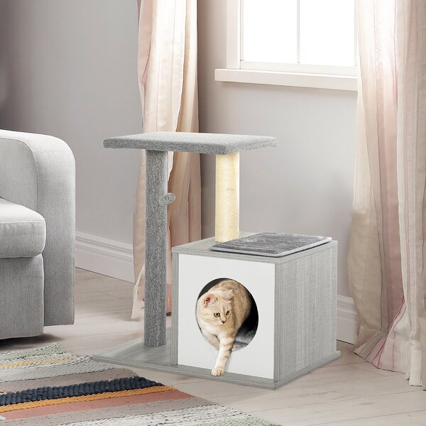 Pawhut Albero Tiragraffi per Gatti con Cuccia, Colonna in Corda Sisal e Palla Sospesa Grigio|Aosom