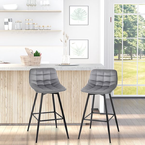HOMCOM Set 2 Sgabelli Bar Sedie Imbottite, Stile Nordico, Velluto Grigio, Poggiapiedi, 45x47x88cm, Comfort e Design|Aosom