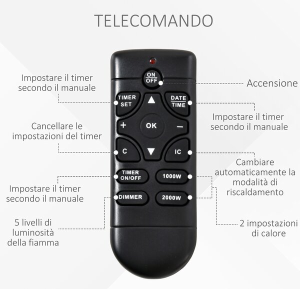 HOMCOM Camino Elettrico da Terra con Effetto Fiamma Realistico, Timer e Telecomando, 1000W e 2000W, 79x26x77.5cm, Bianco e Nero|Aosom