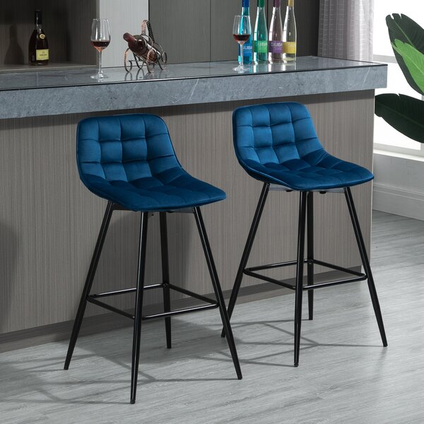 HOMCOM Set 2 Sgabelli da Bar Sedie Imbottite per Salotto Stile Nordico, Rivestimento Velluto e Poggiapiedi, Blu, 45x47x88cm|Aosom
