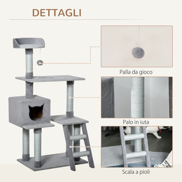 PawHut Tiragraffi Palestra per Gatti Multilivello con Casetta Scala Piattaforme, Pali in Corda di Juta, Grigio, 60.5x40x124cm|Aosom