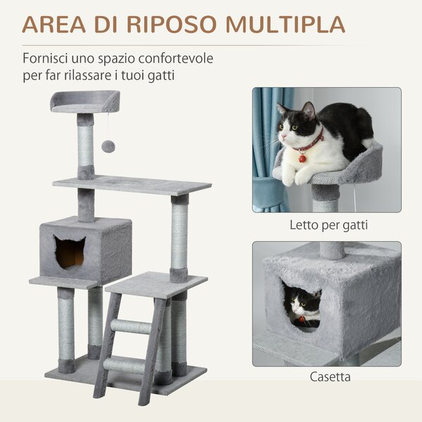 PawHut Tiragraffi Palestra per Gatti Multilivello con Casetta Scala Piattaforme, Pali in Corda di Juta, Grigio, 60.5x40x124cm|Aosom
