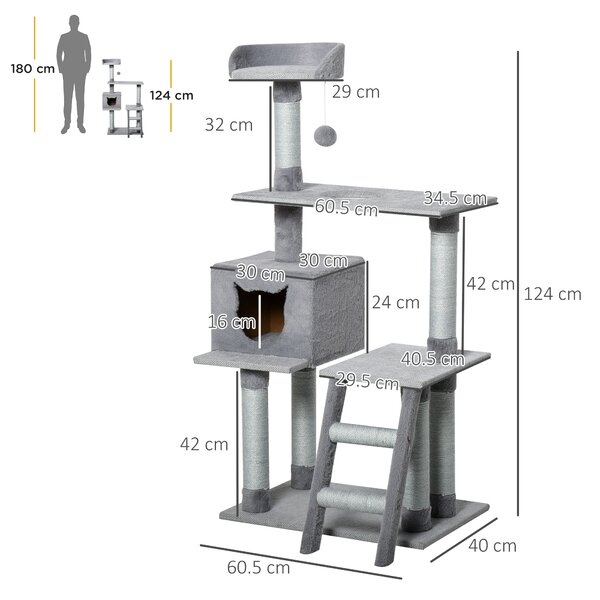 PawHut Tiragraffi Palestra per Gatti Multilivello con Casetta Scala Piattaforme, Pali in Corda di Juta, Grigio, 60.5x40x124cm|Aosom