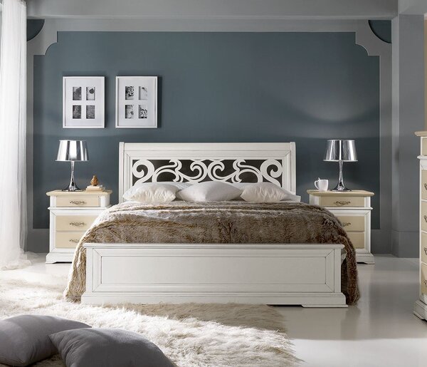 Letto matrimoniale shabby con testata traforata bianco 171x216x112