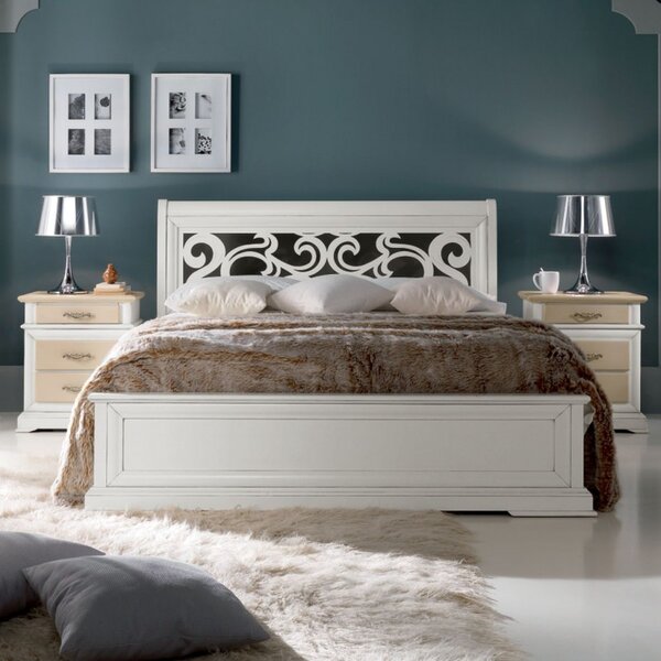 Letto matrimoniale shabby con testata traforata bianco 171x216x112
